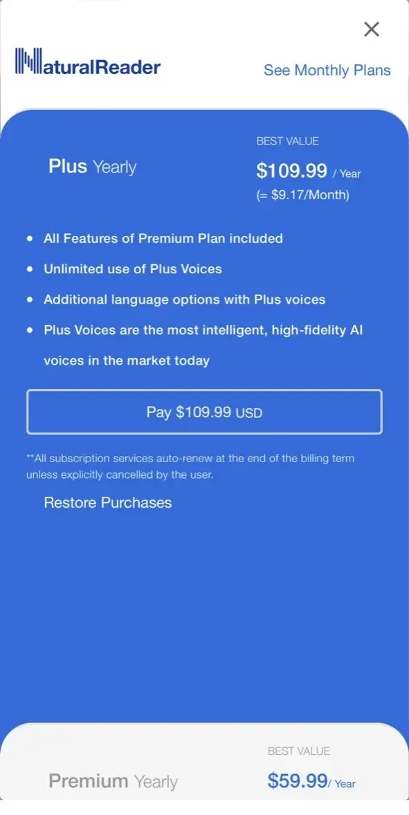 NaturalReader paywall screen