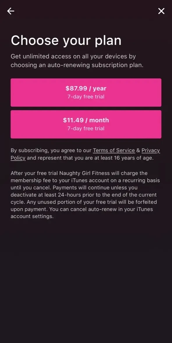 Naughty Girl Fitness paywall screen