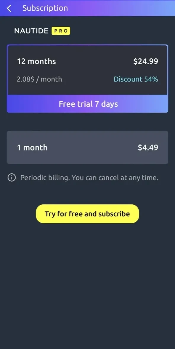 Nautide paywall screen