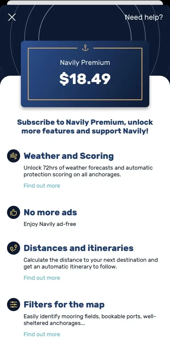 Navily paywall screen