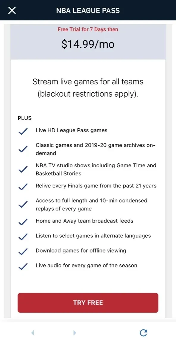 NBA paywall screen