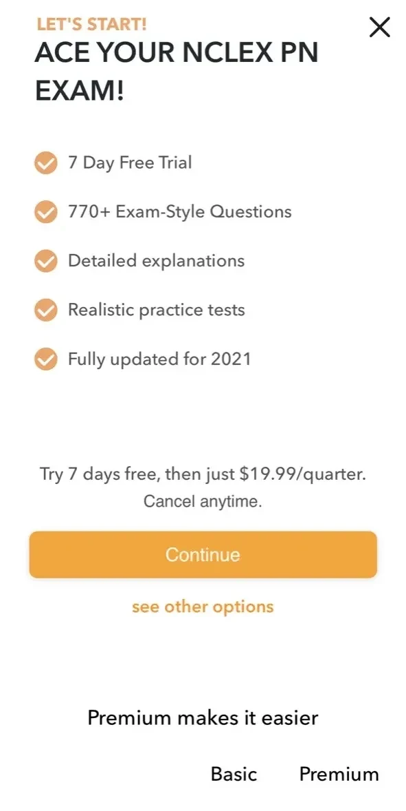 NCLEX-PN Exam Prep 2024 paywall screen