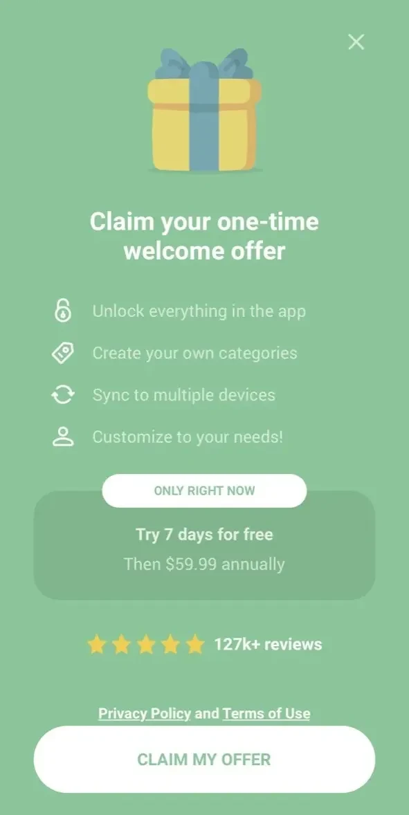 Monefy paywall screen