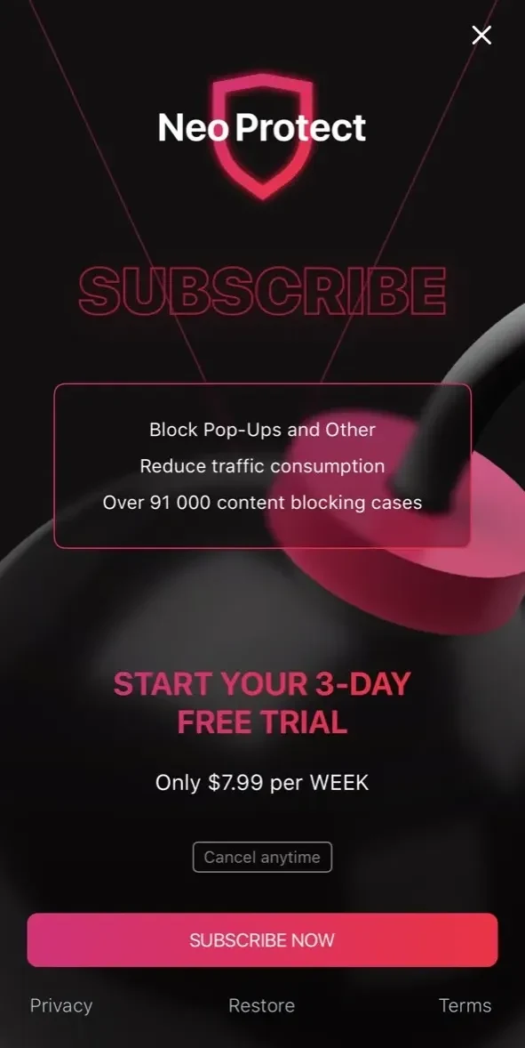 Neo Protect paywall screen