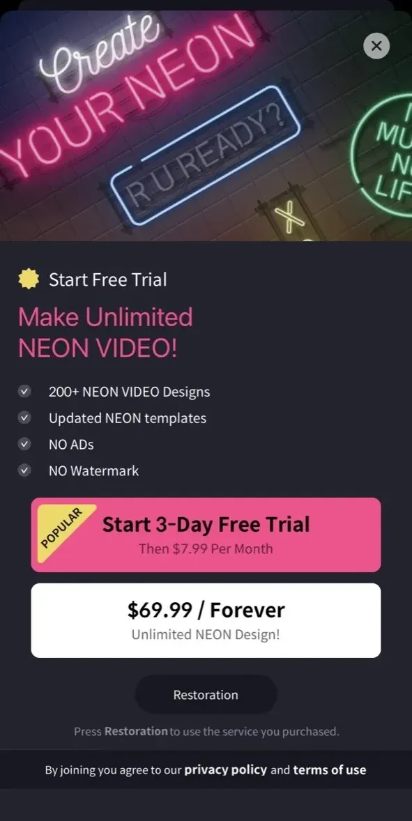Neon Gif+Text Video Effects paywall screen