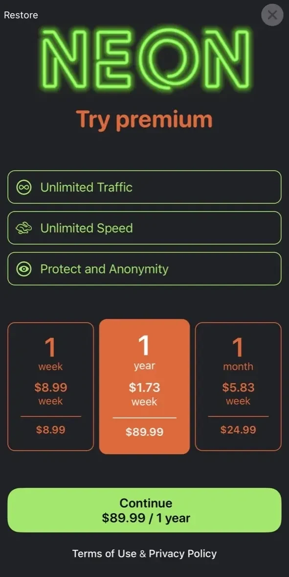 Neon Road VPN paywall screen