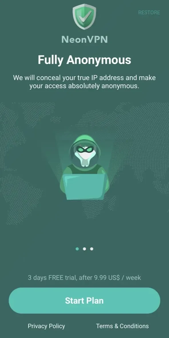 Neon VPN paywall screen