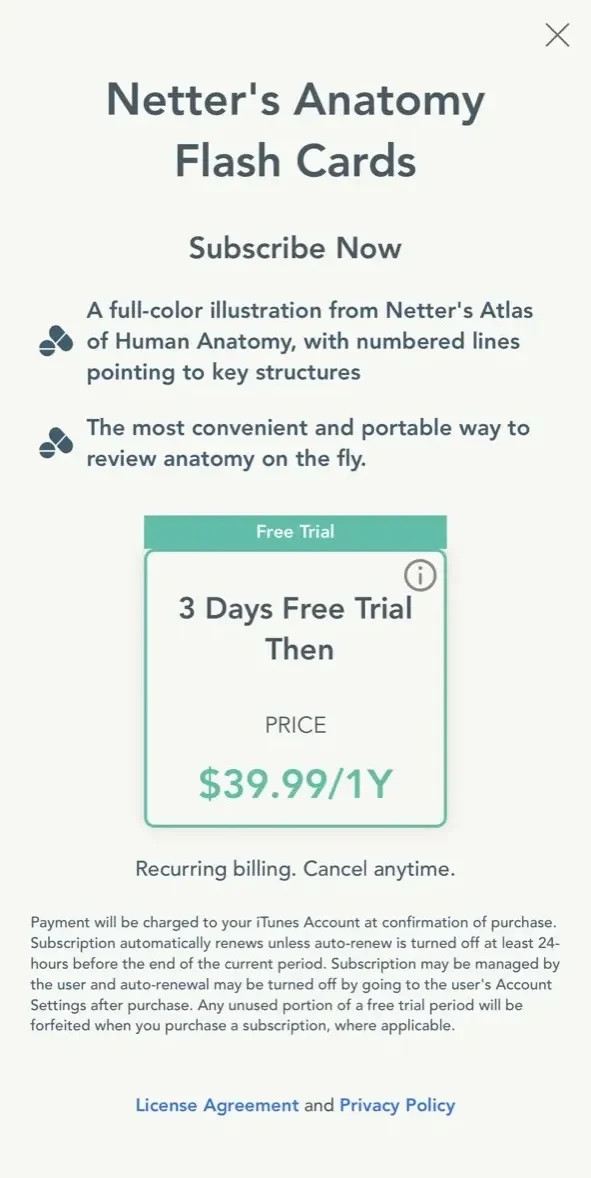 Netters Anatomy Flash Cards paywall screen