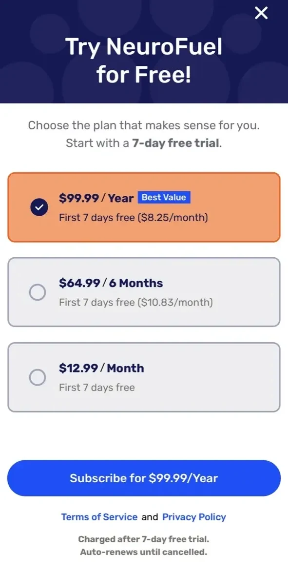 NeuroFuel paywall screen
