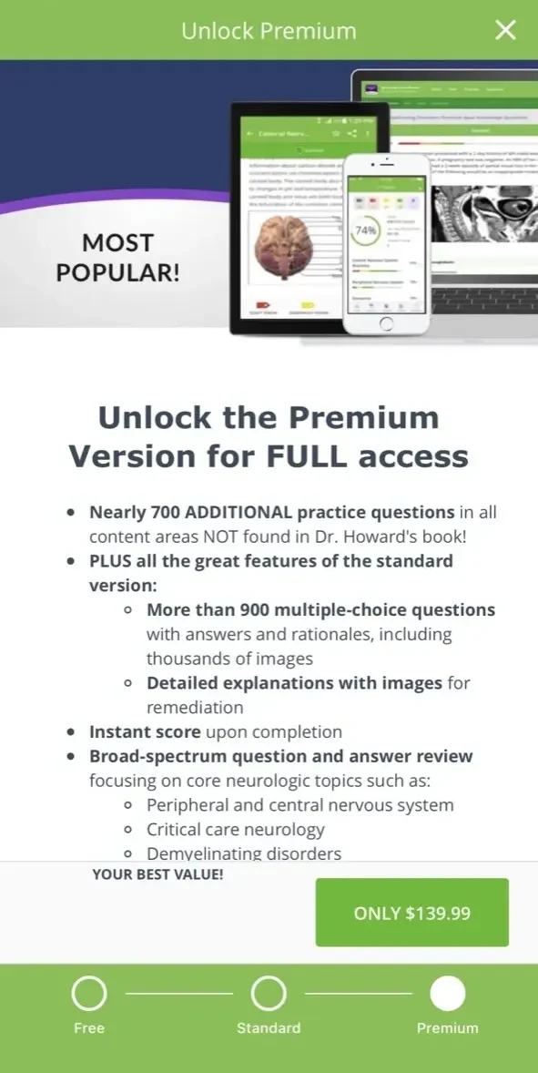 Neurology Exam Review Q&A paywall screen