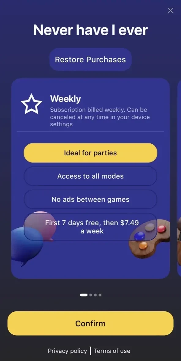 Never have I ever paywall screen