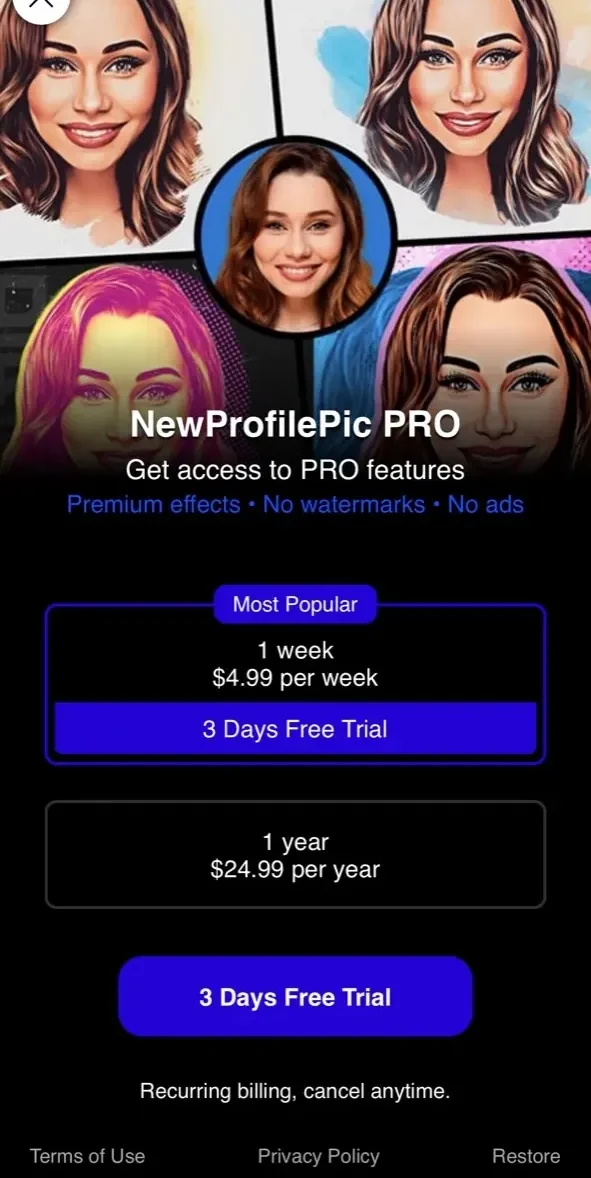 New Profile Pic Avatar Maker paywall screen