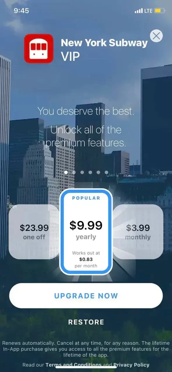 New York City Subway paywall screen