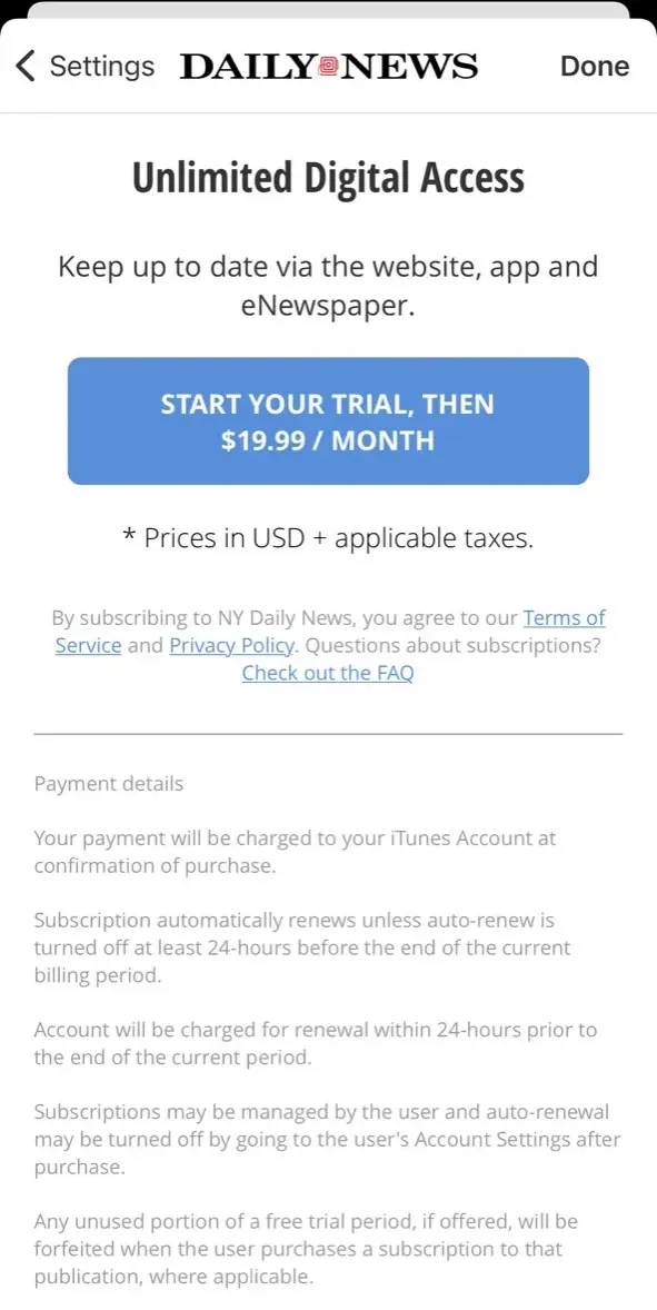 New York Daily News paywall screen