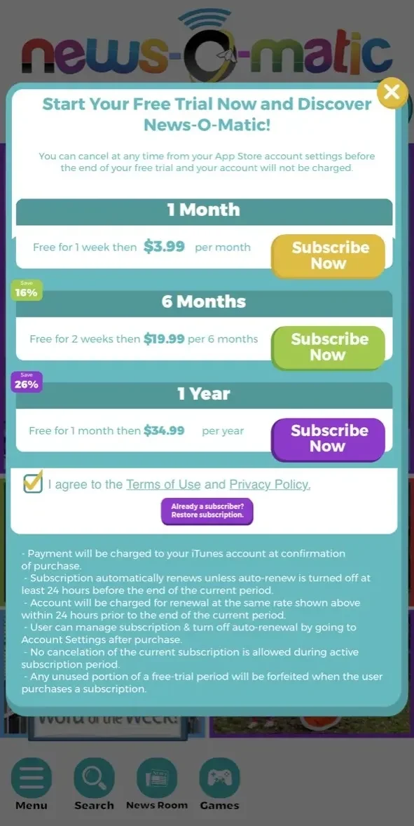 News-O-Matic paywall screen
