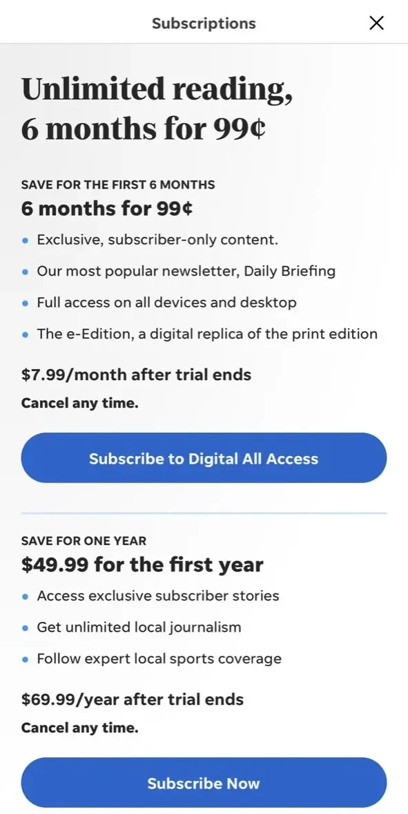Rockford Register Star paywall screen