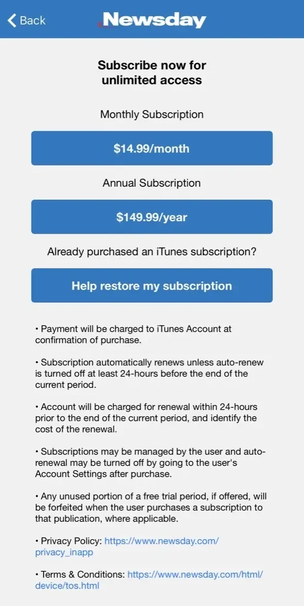 Newsday paywall screen