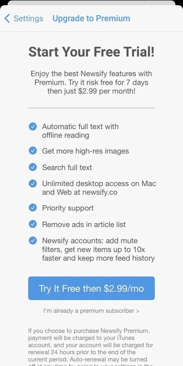 Newsify paywall screen
