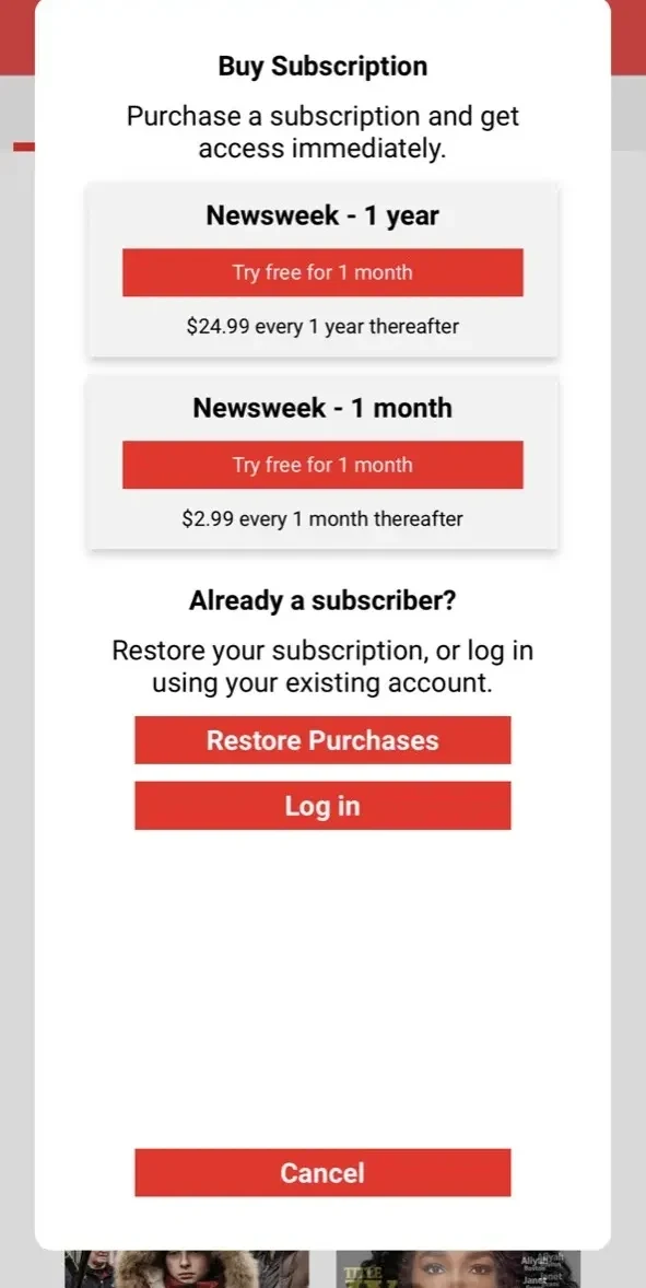Newsweek paywall screen