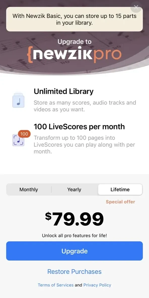 Newzik paywall screen