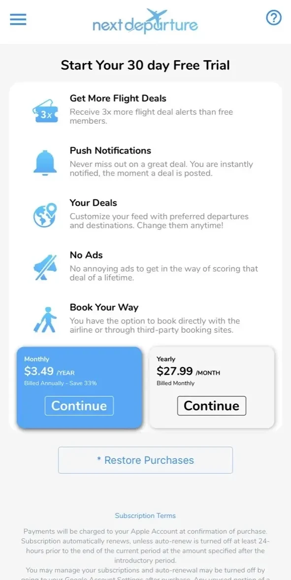 Next Departure paywall screen