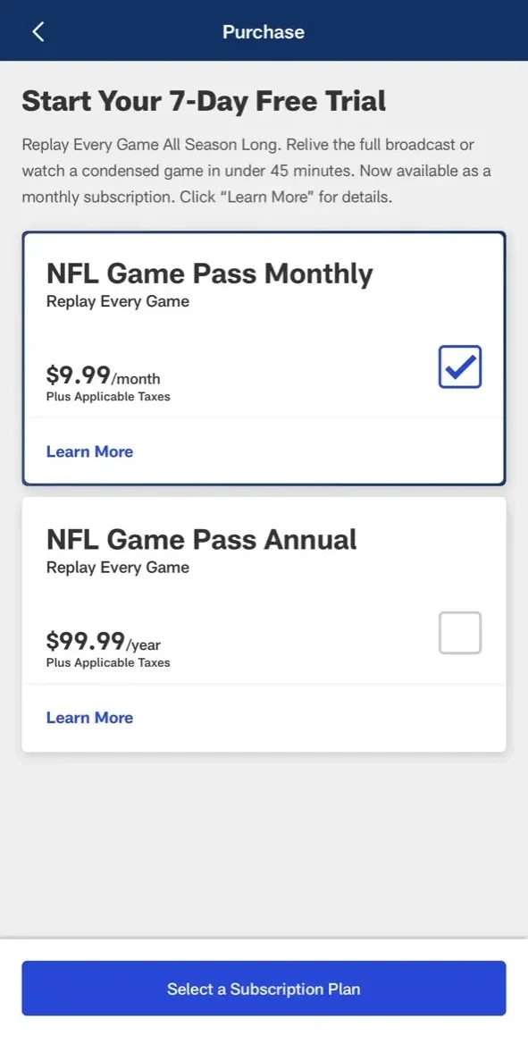 NFL paywall screen
