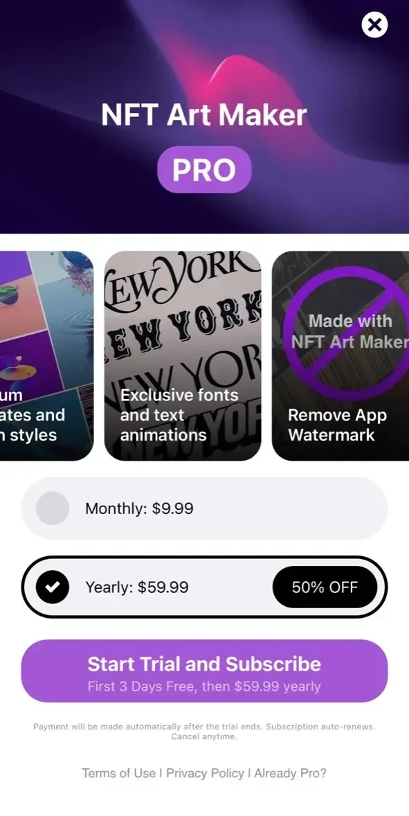 NFT Art Maker paywall screen