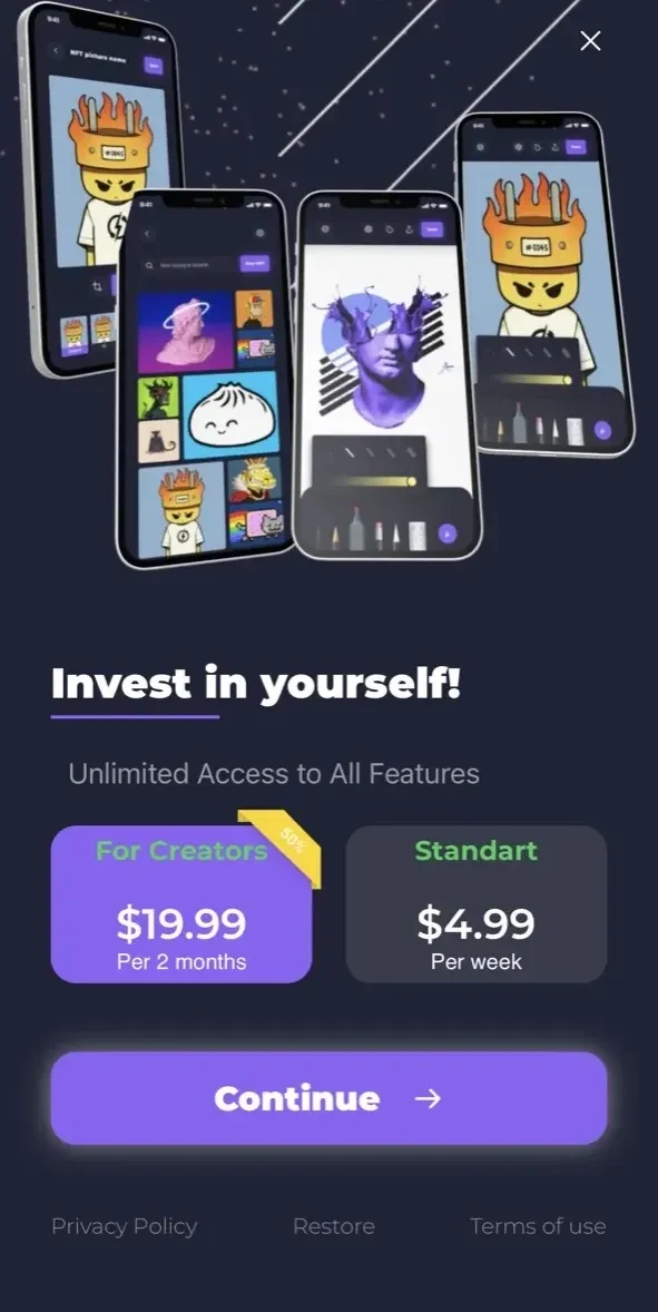 NFT Creator paywall screen