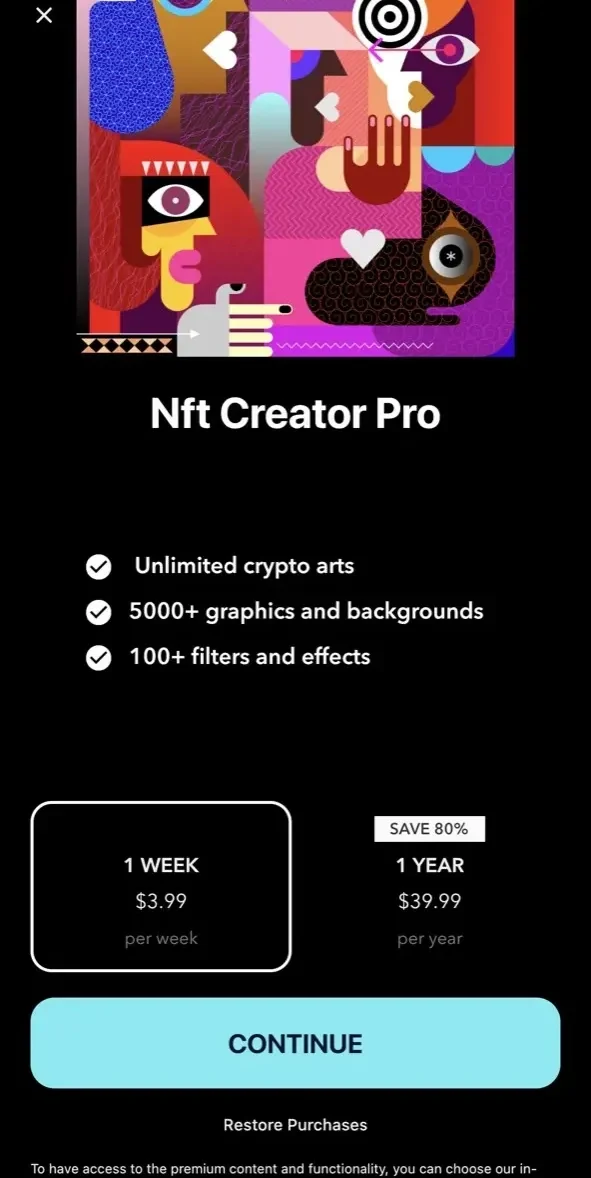 NFT Creator paywall screen