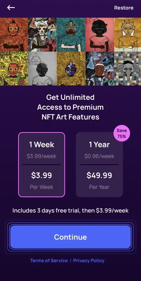 NFT Creator paywall screen