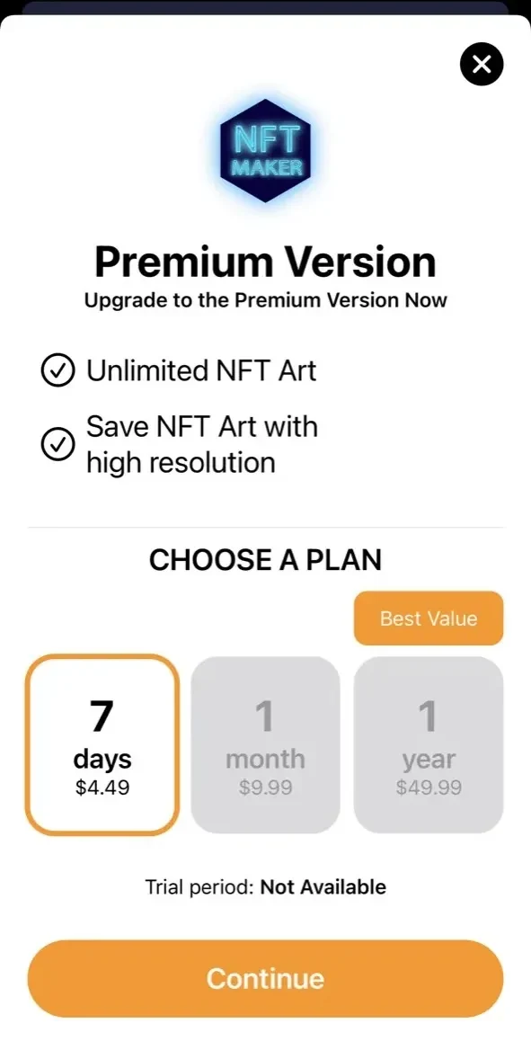 NFT Maker paywall screen