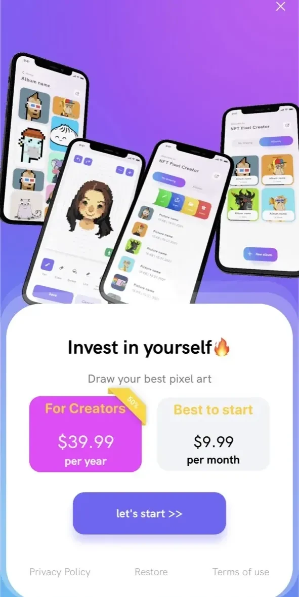 NFT Pixel Creator paywall screen