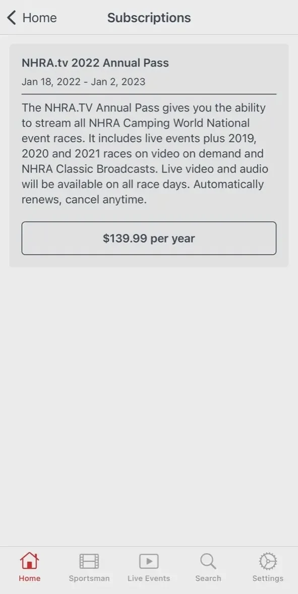 NHRA.tv paywall screen