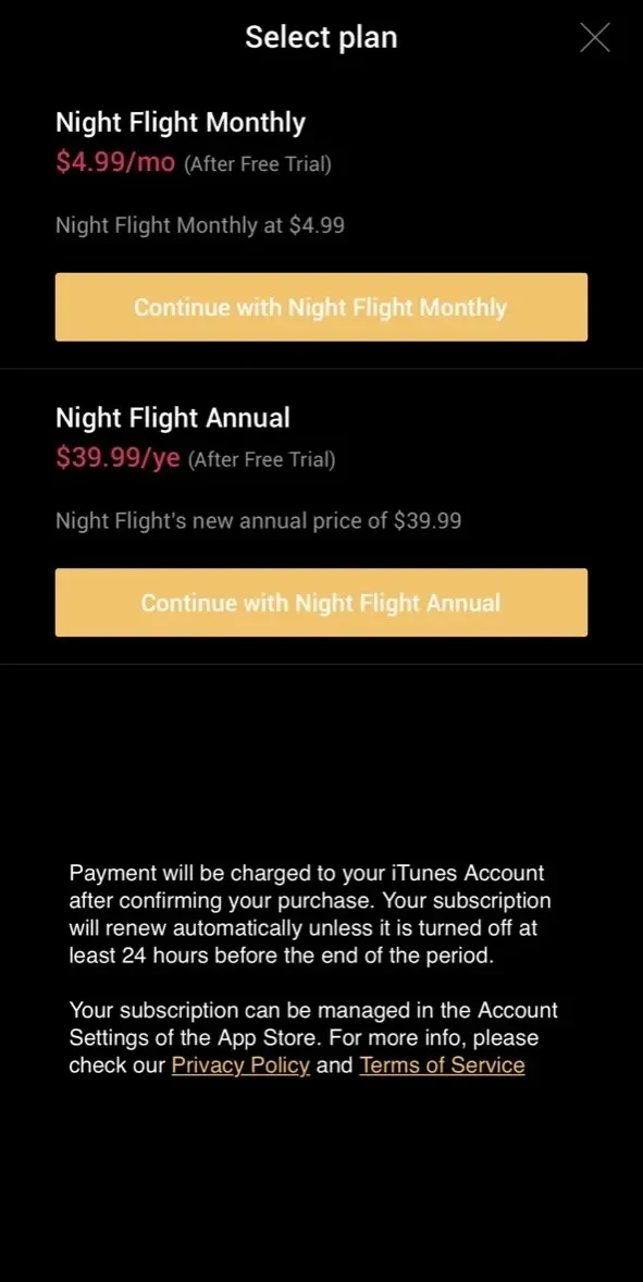 Night Flight Plus paywall screen