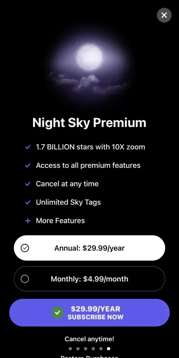 Night Sky paywall screen