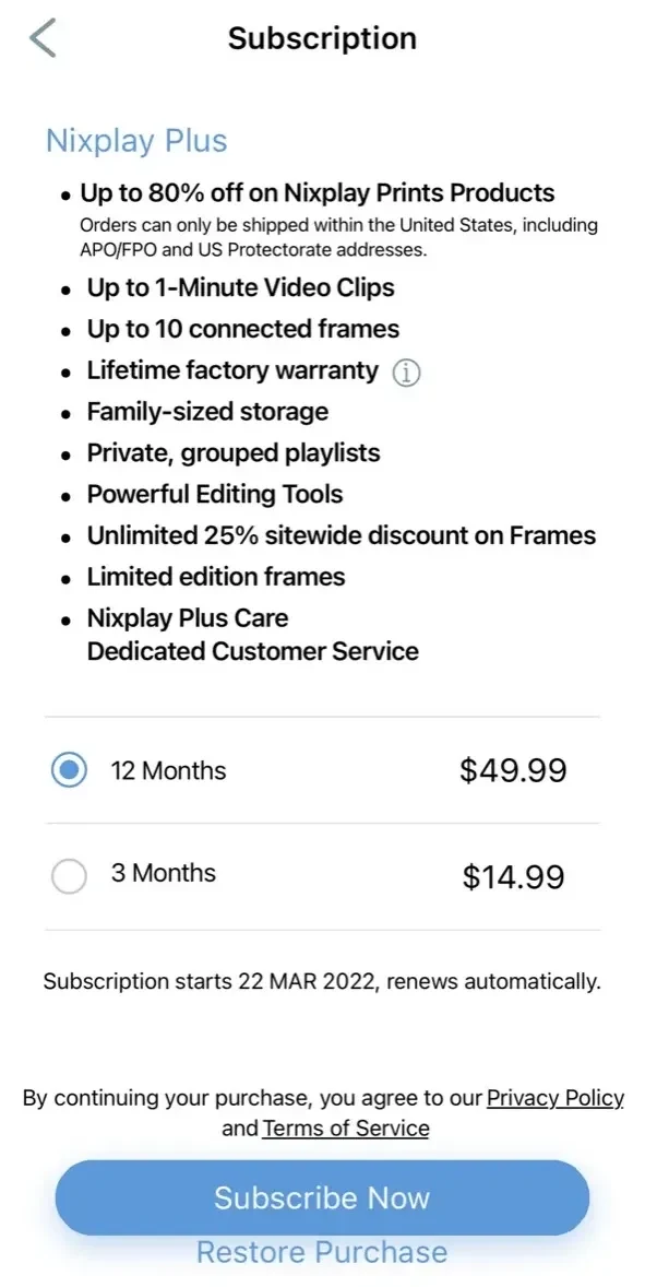 Nixplay paywall screen