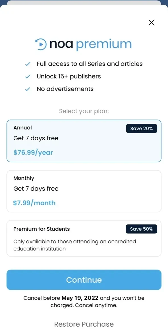 Noa paywall screen