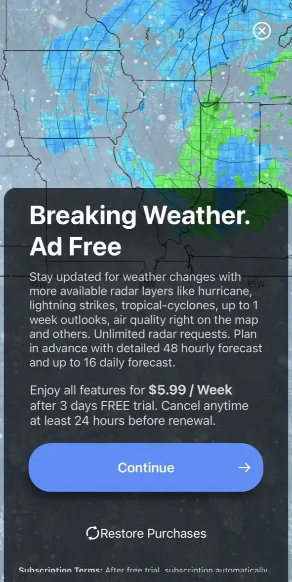 NOAA Radar paywall screen