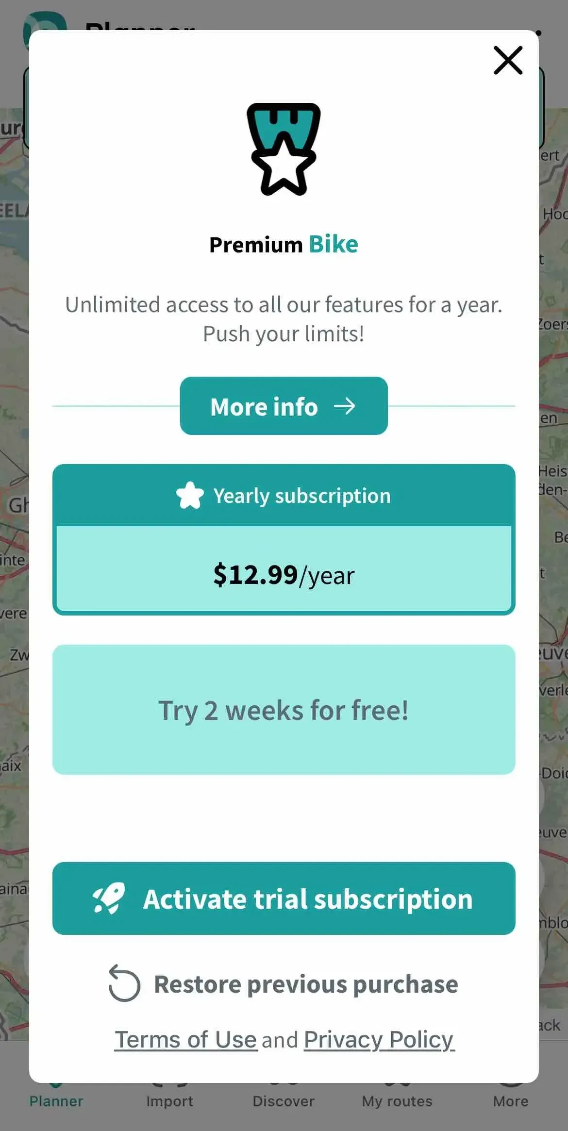 NodeMapp Bike paywall screen