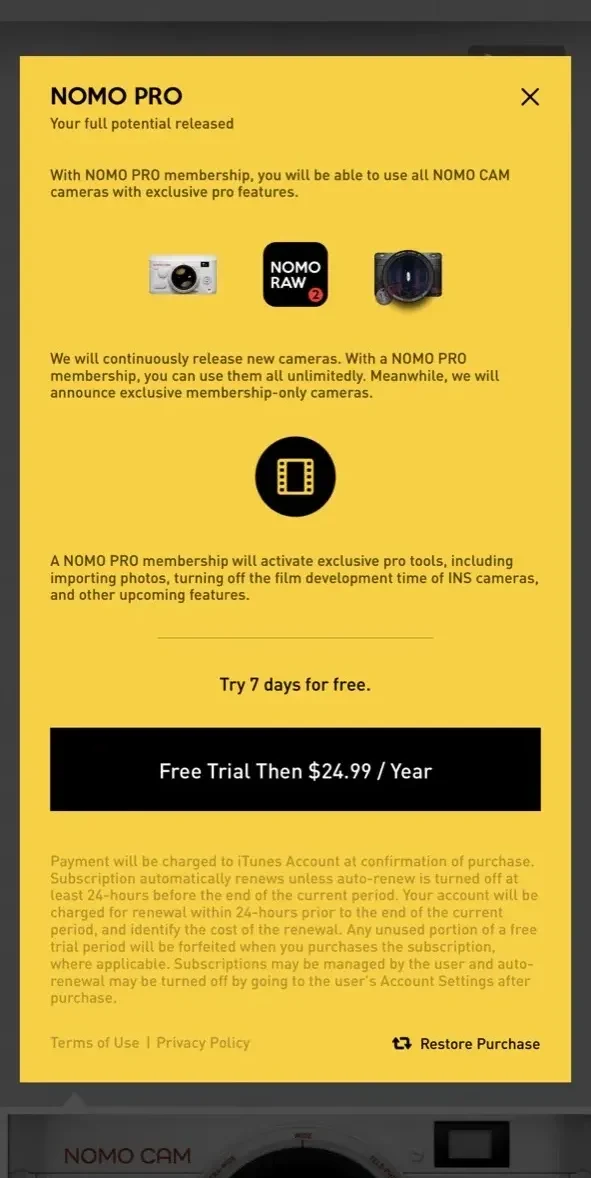 Nomo Cam paywall screen