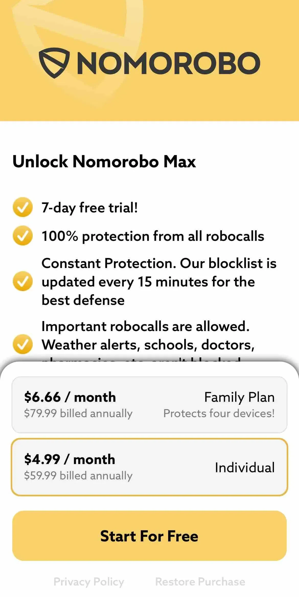 Nomorobo Max Spam Call Blocker paywall screen