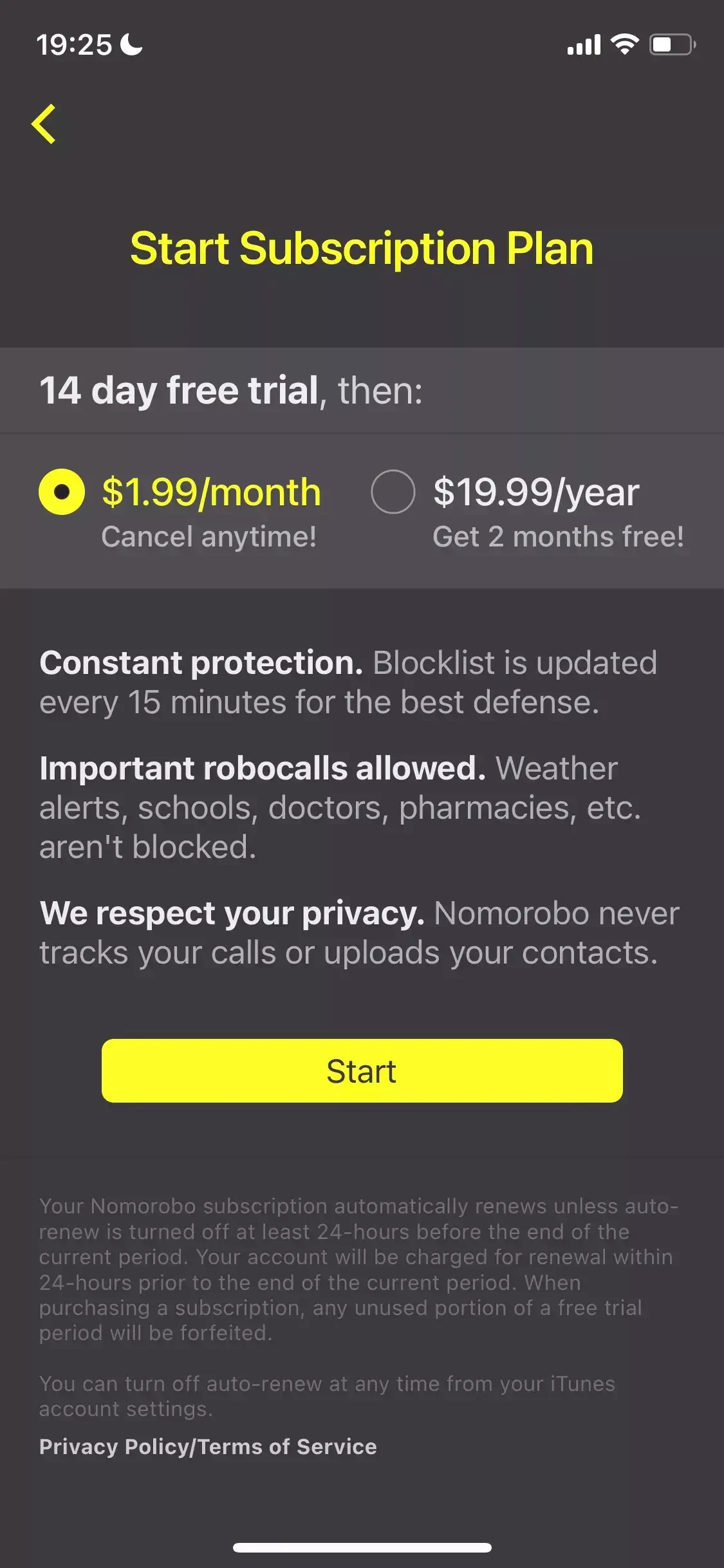 Nomorobo paywall screen
