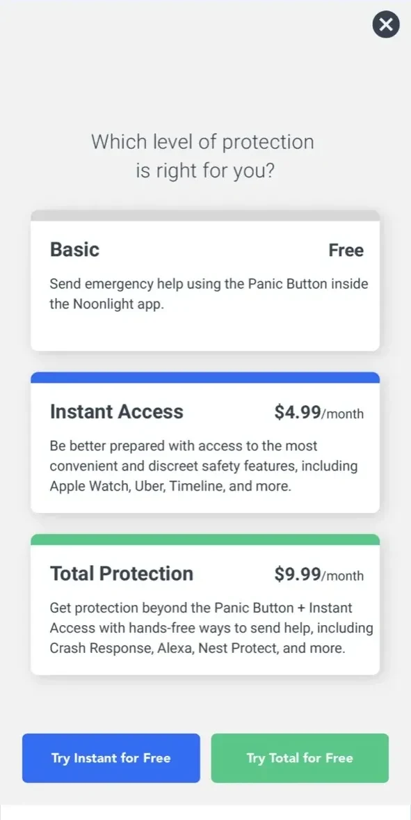 Noonlight paywall screen