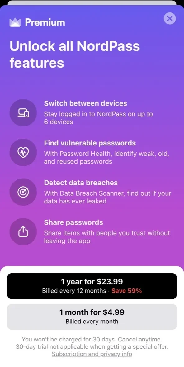 NordPass paywall screen