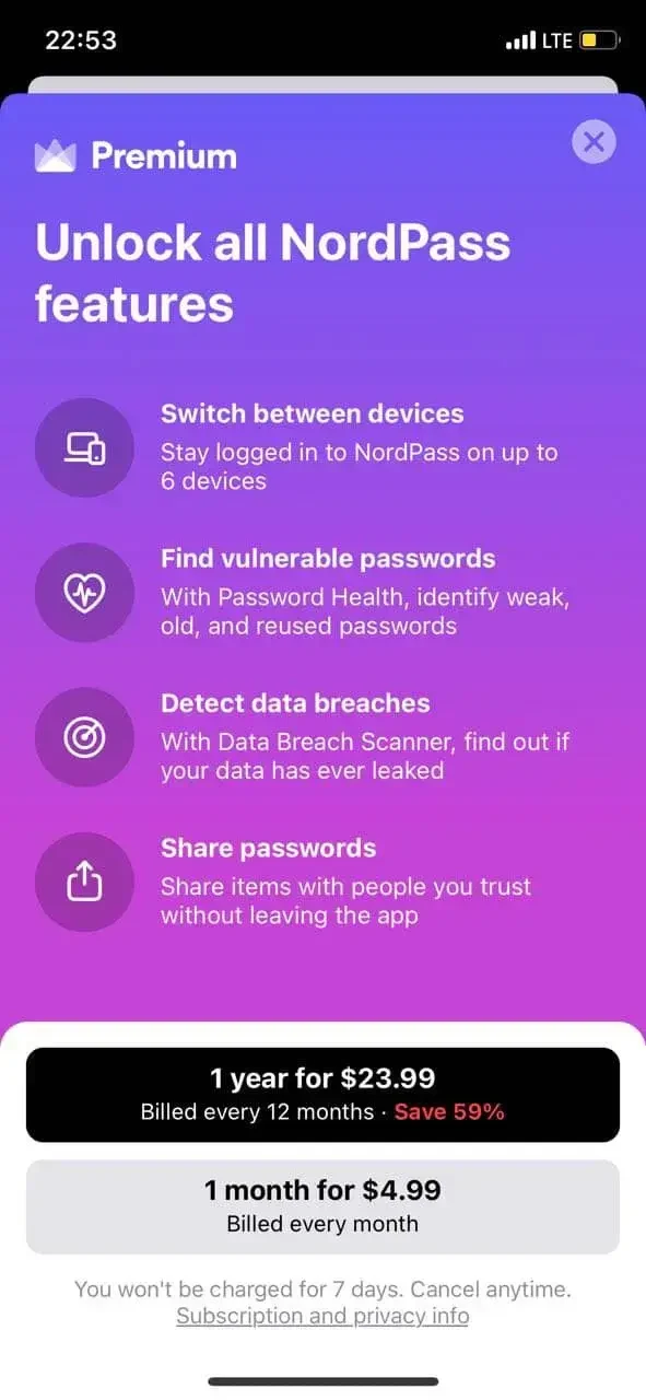 NordPass paywall screen