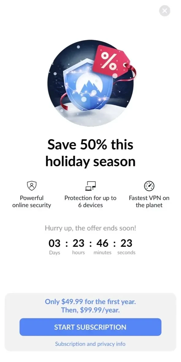 NordVPN paywall screen