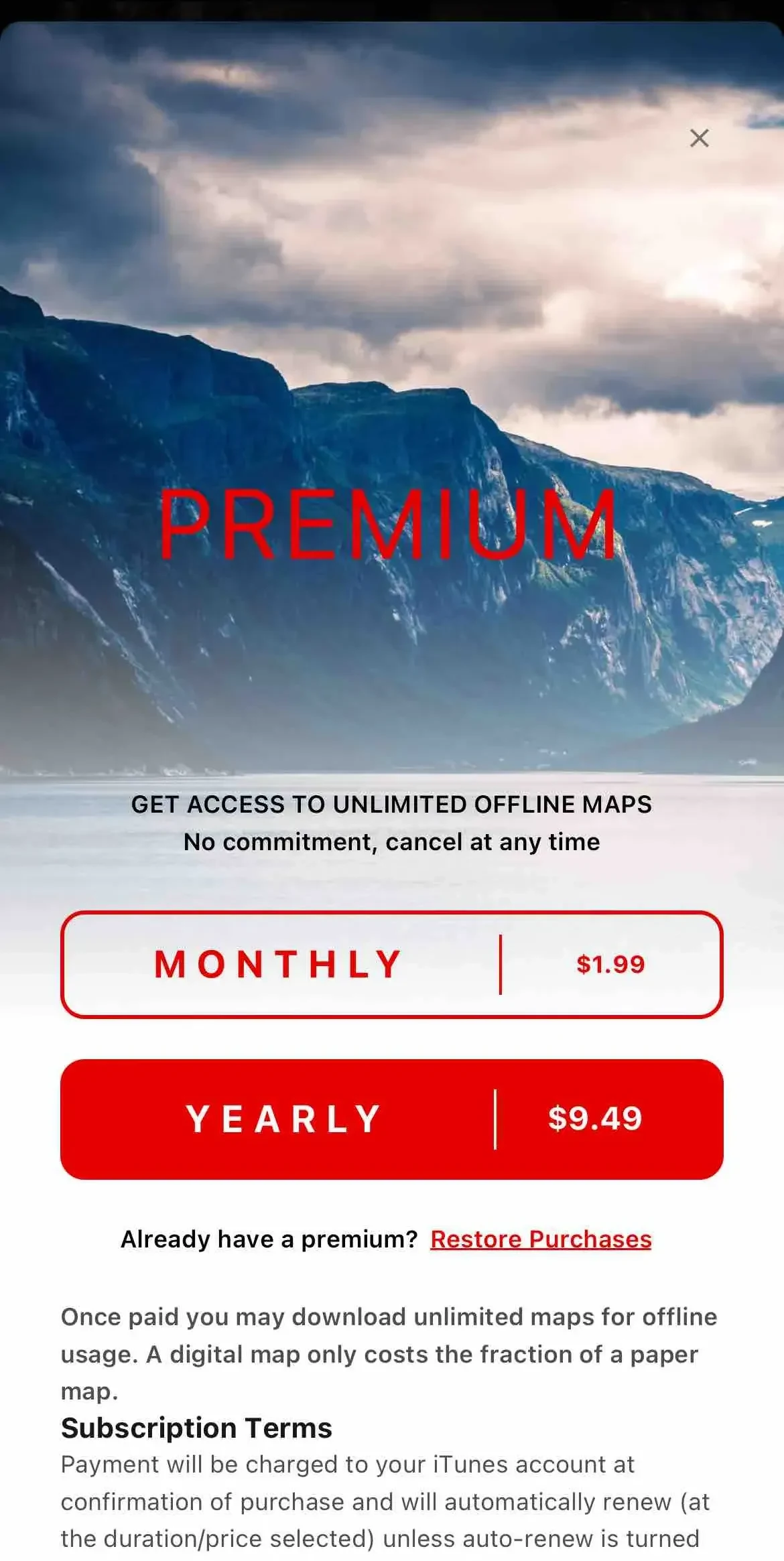 Norgeskart paywall screen