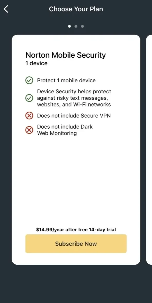 Norton 360 Security paywall screen