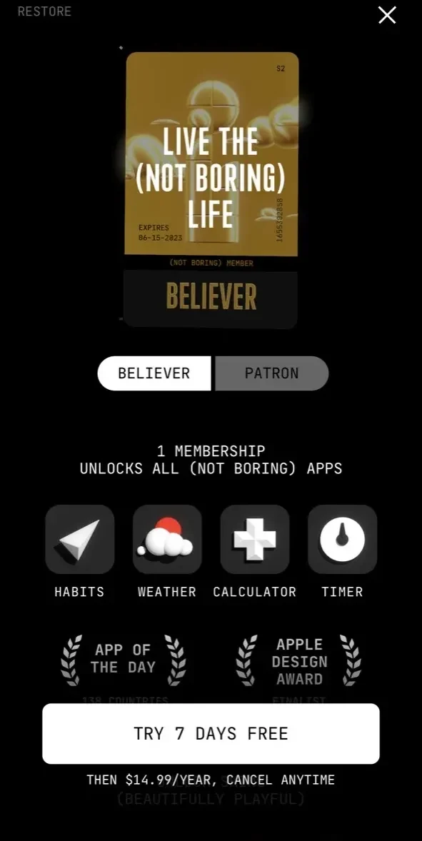 (Not Boring) Habits paywall screen