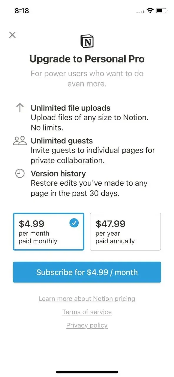 Notion paywall screen
